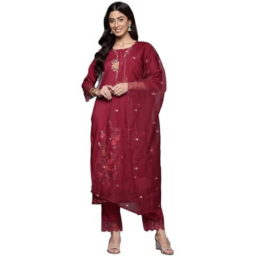 Varanga Women Red Thread Embroidered Kurta With Organza Hem Paired Bottom And Dupatta
