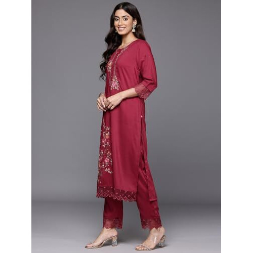 Varanga Women Red Thread Embroidered Kurta With Organza Hem Paired Bottom And Dupatta