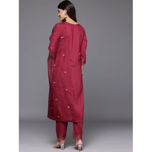 Varanga Women Red Thread Embroidered Kurta With Organza Hem Paired Bottom And Dupatta