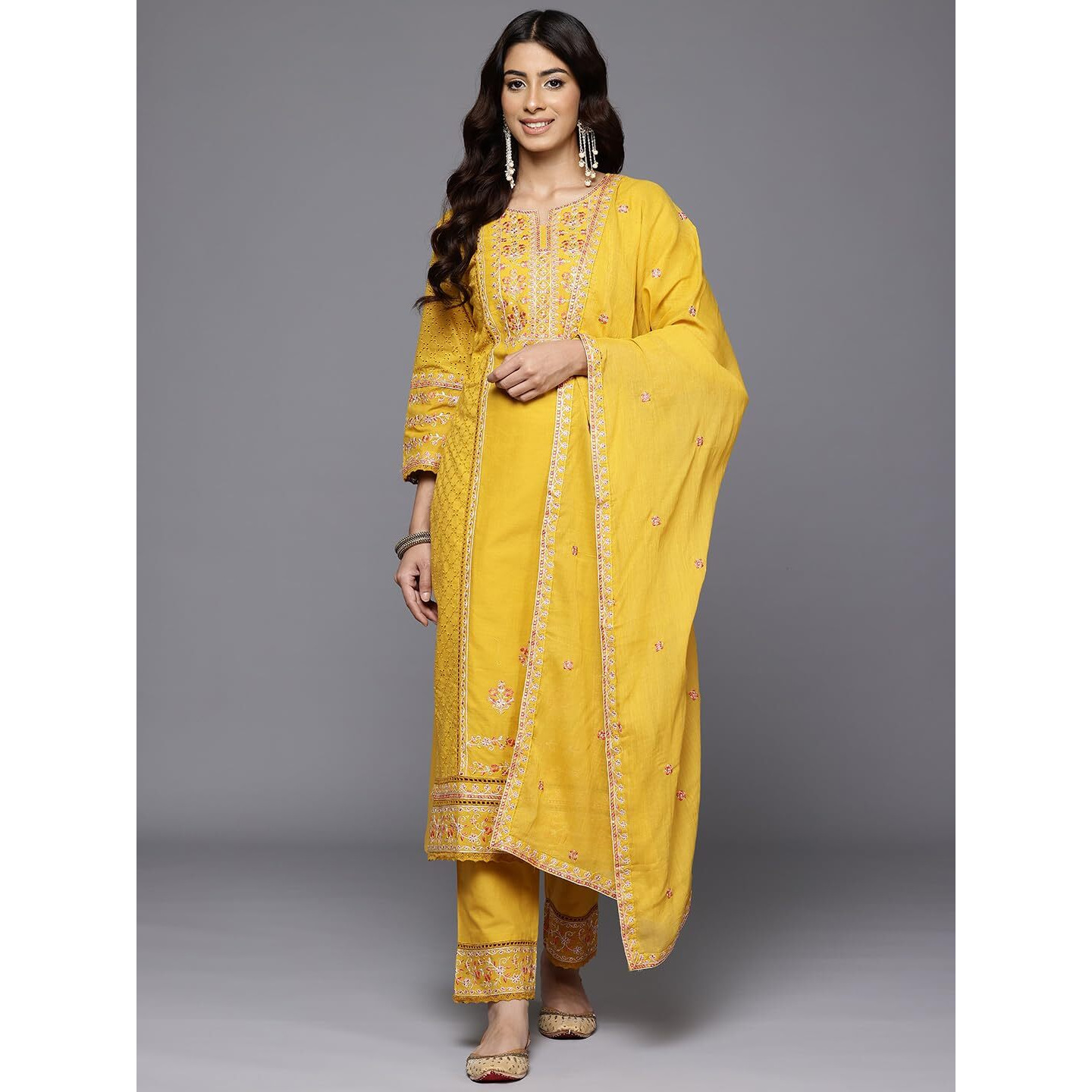Varanga Women Yellow Floral Thread Embroidered Sequins Embellished With Lace Deatiled Kurta With Bottom And Dupatta