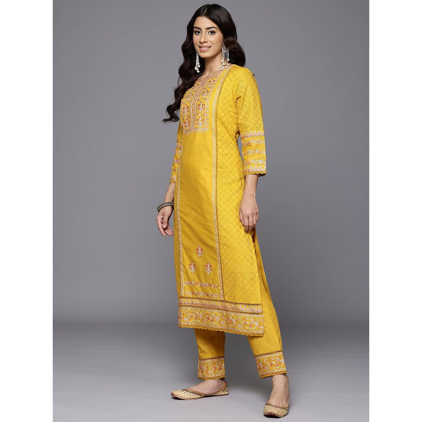 Varanga Women Yellow Floral Thread Embroidered Sequins Embellished With Lace Deatiled Kurta With Bottom And Dupatta