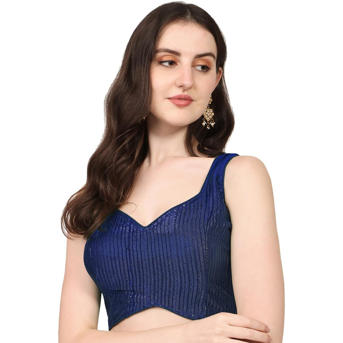 Vihu Fashion Women's Multicolor Sweetheart Neck Georgette Line Soft Sequence Zari Work Sleeves Readymade Saree Blouse (Navy Blue, 32)