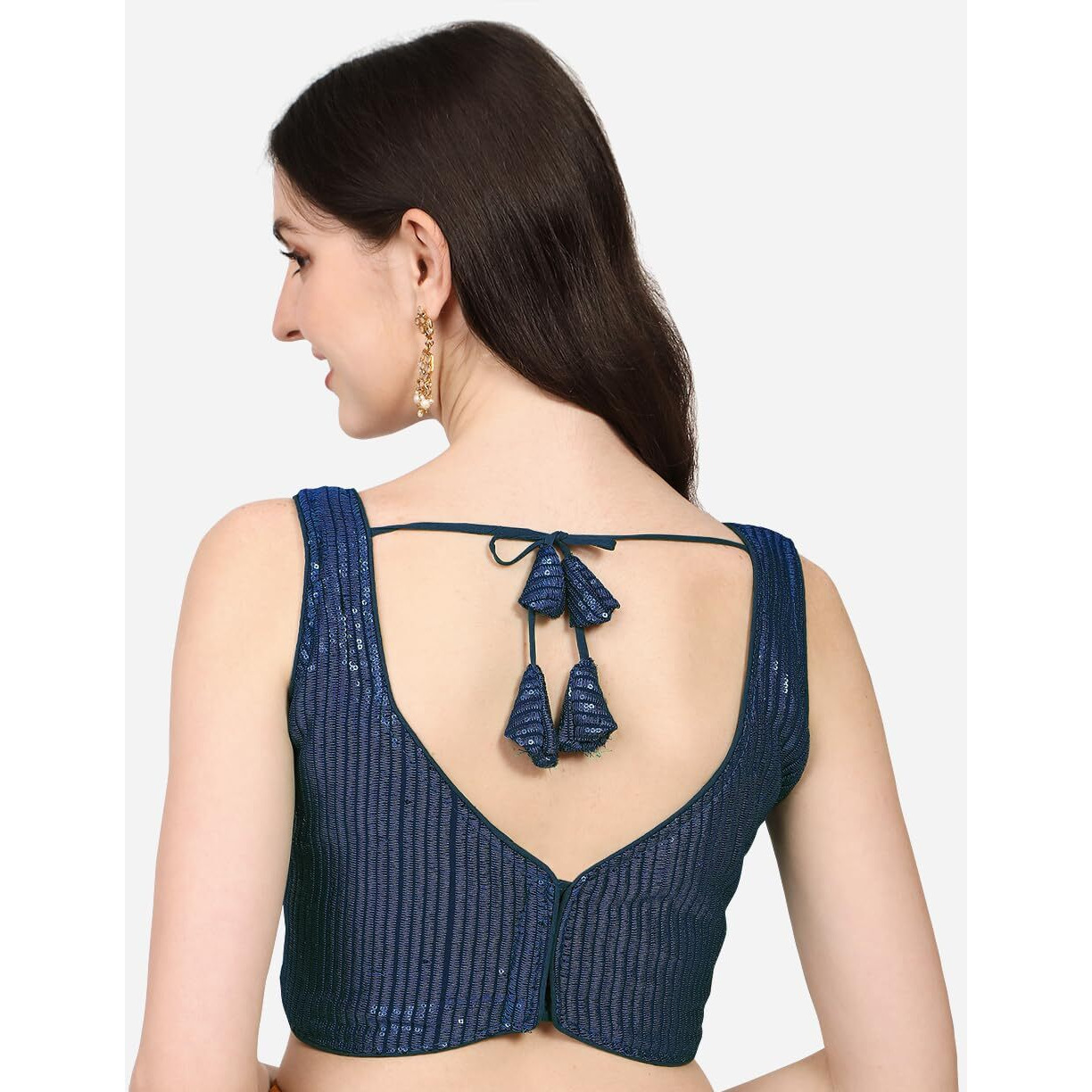 Vihu Fashion Women's Multicolor Sweetheart Neck Georgette Line Soft Sequence Zari Work Sleeves Readymade Saree Blouse (Navy Blue, 32)