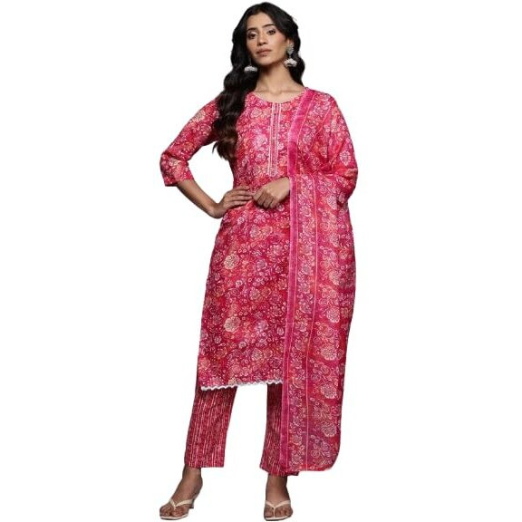 Varanga Women Floral Jaipuri Printed Kurta Set With Dupatta - Trendy Kurta Set For Women, Stylish Dress (Medium) Pink