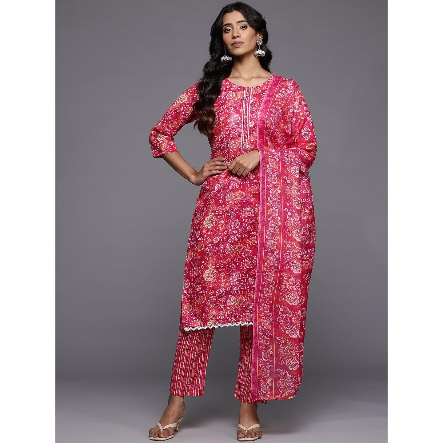 Varanga Women Floral Jaipuri Printed Kurta Set With Dupatta - Trendy Kurta Set For Women, Stylish Dress (Medium) Pink
