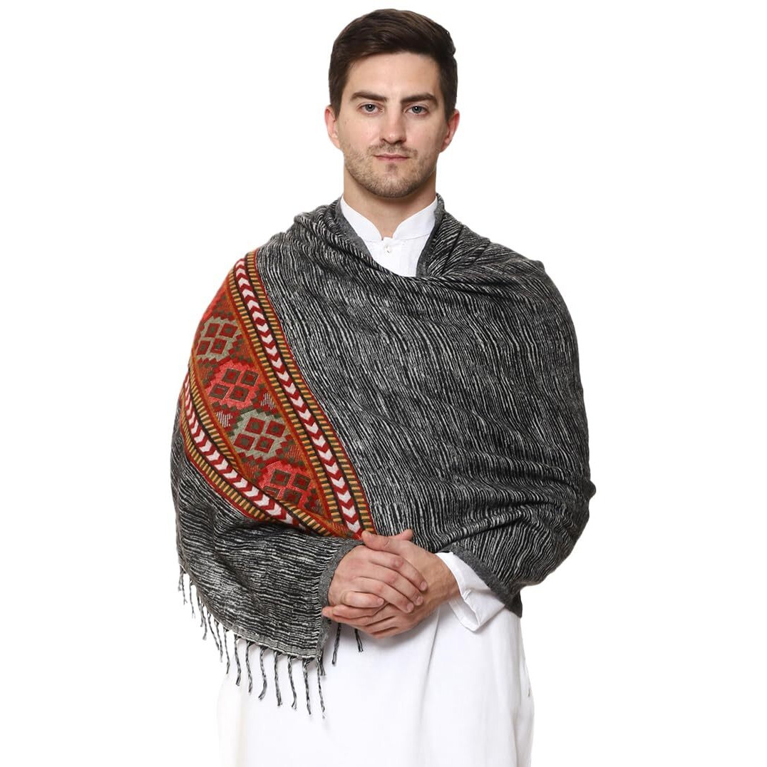 Weavers Villa Men's Kullu Border Woven Cashmilon Wool Gents Shawls, Muffler, Stoles For Men, 100Cm X 200Cm (Grey)