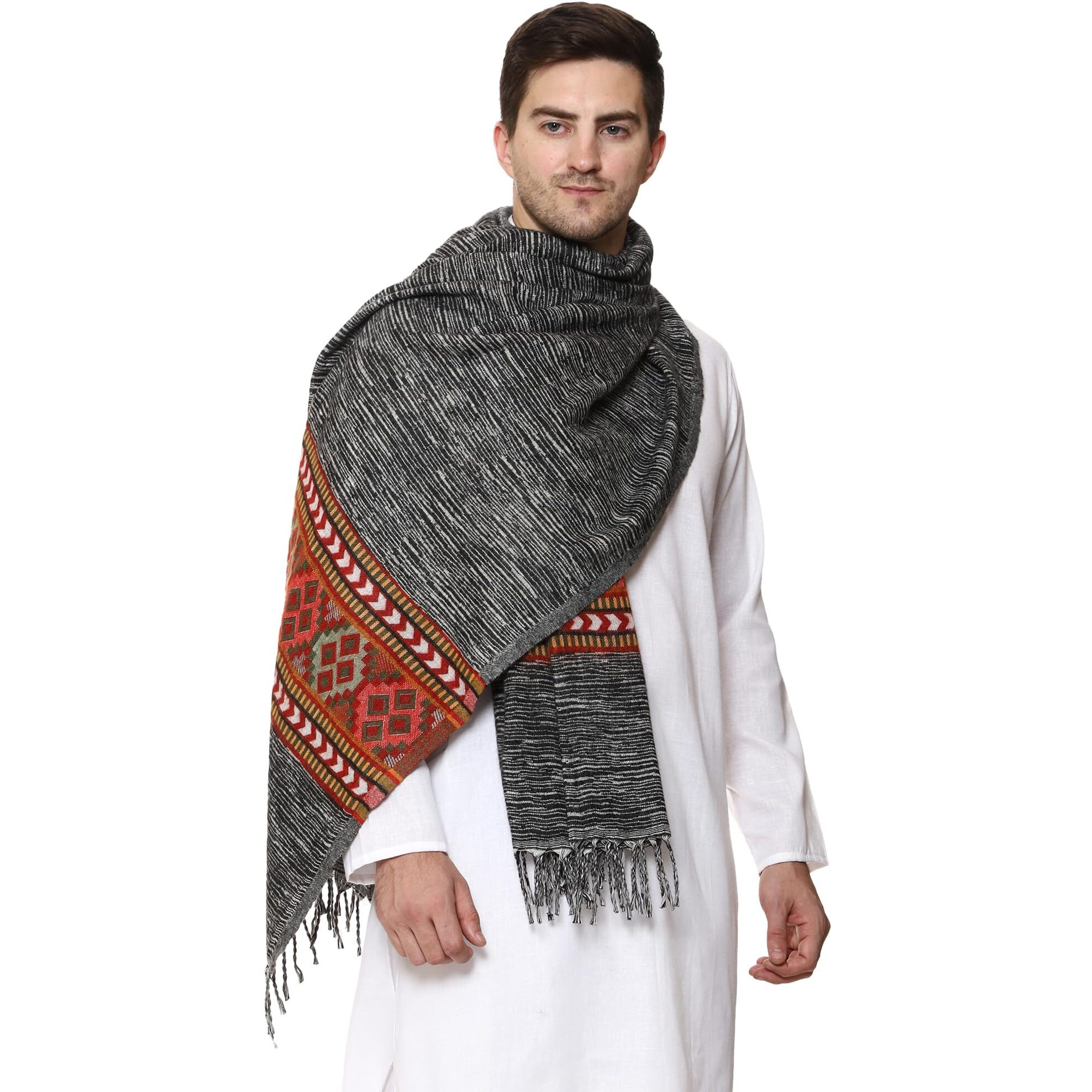 Weavers Villa Men's Kullu Border Woven Cashmilon Wool Gents Shawls, Muffler, Stoles For Men, 100Cm X 200Cm (Grey)