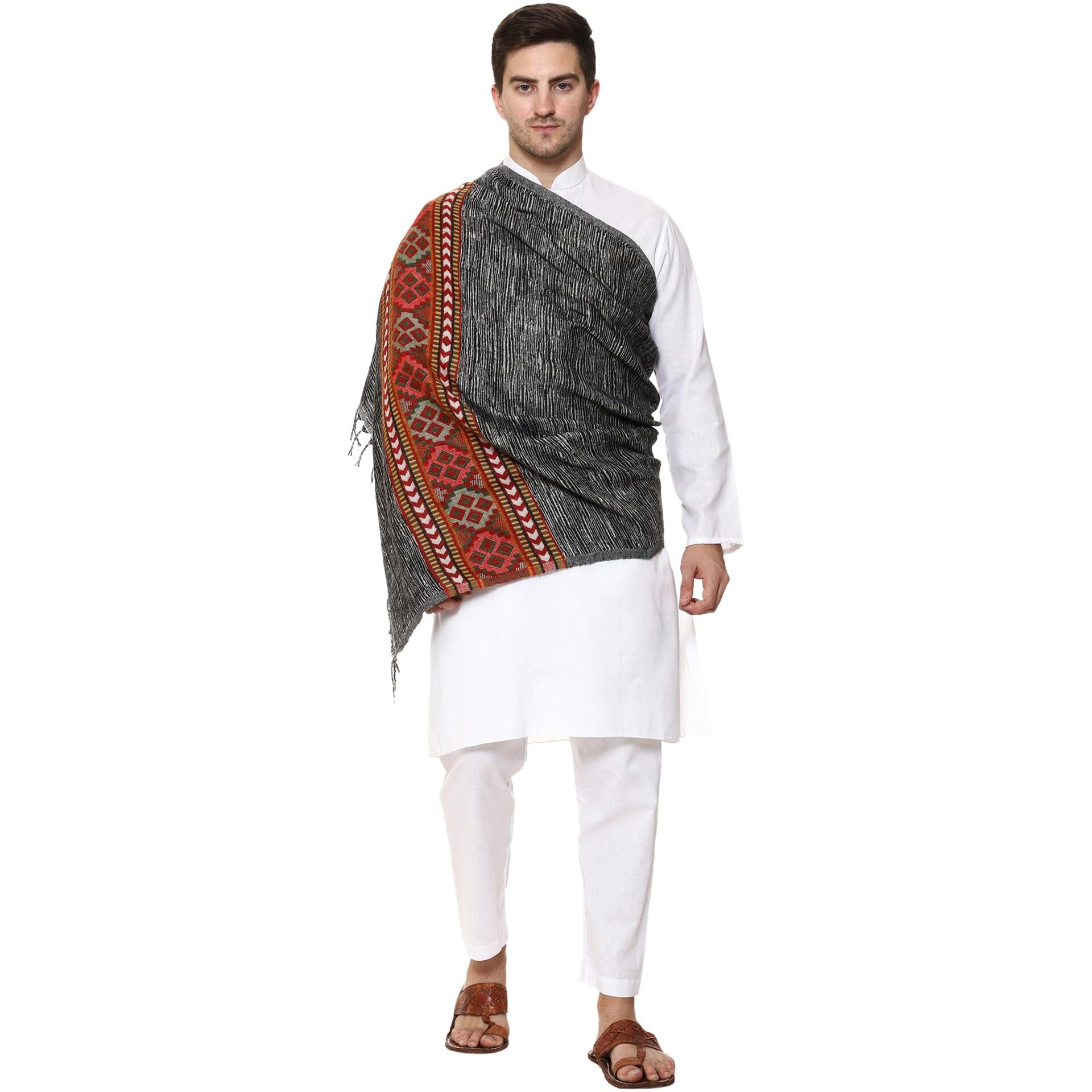 Weavers Villa Men's Kullu Border Woven Cashmilon Wool Gents Shawls, Muffler, Stoles For Men, 100Cm X 200Cm (Grey)