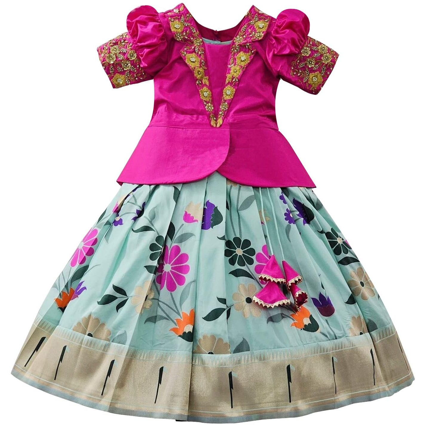 White Button Girls Satin Readymade Lehenga Choli (Rani Digital Collar-7-8 Years, Sky Blue_7 8