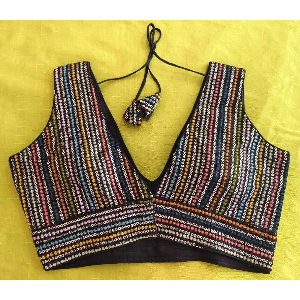 Vihu Fashion Women's Sleeveless Readymade Sabyasachi Pattern V Neck Blouse Embroidery Work With Sequence Blouse Indian Ethnic Wear Readymade Saree Black Color Blouse For Lehenga Choli Stylis