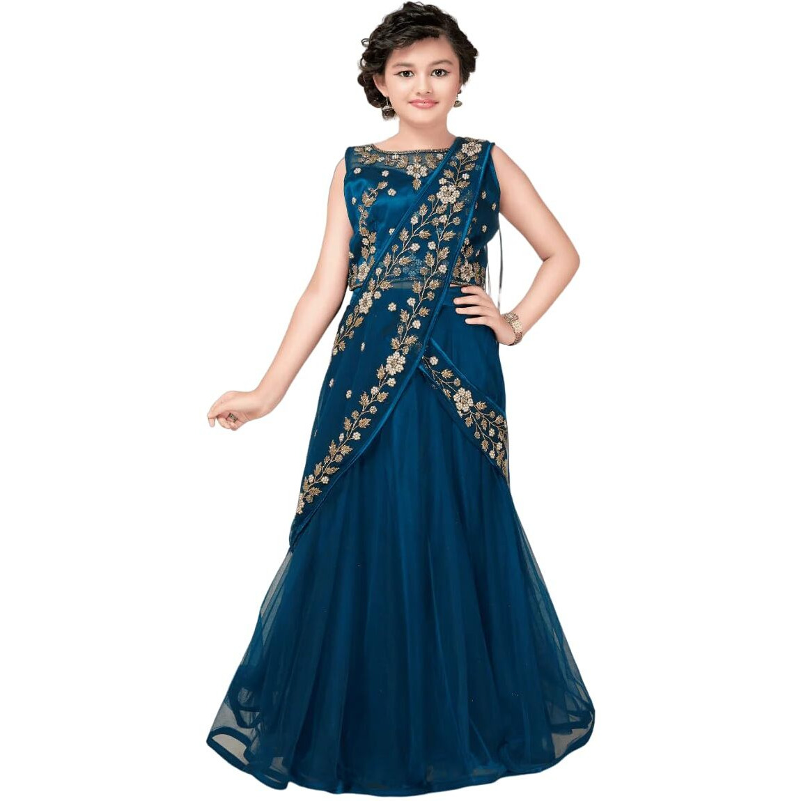 White Button New Stone And Embroidery Work Half Saree Styled Kids Lehenga Choli For Girls (2-3 Years, Morpeach)