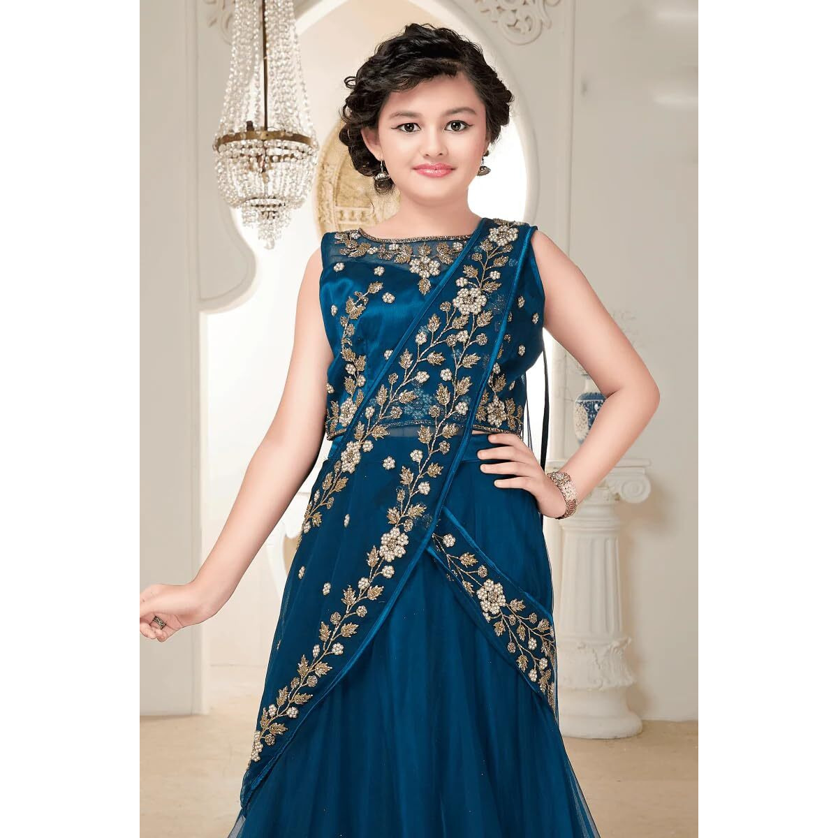 White Button New Stone And Embroidery Work Half Saree Styled Kids Lehenga Choli For Girls (2-3 Years, Morpeach)