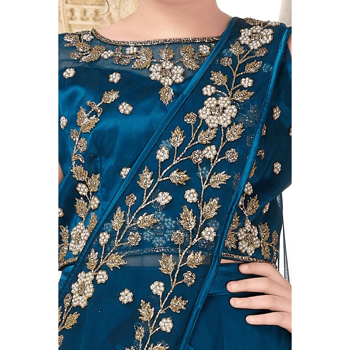 White Button New Stone And Embroidery Work Half Saree Styled Kids Lehenga Choli For Girls (2-3 Years, Morpeach)