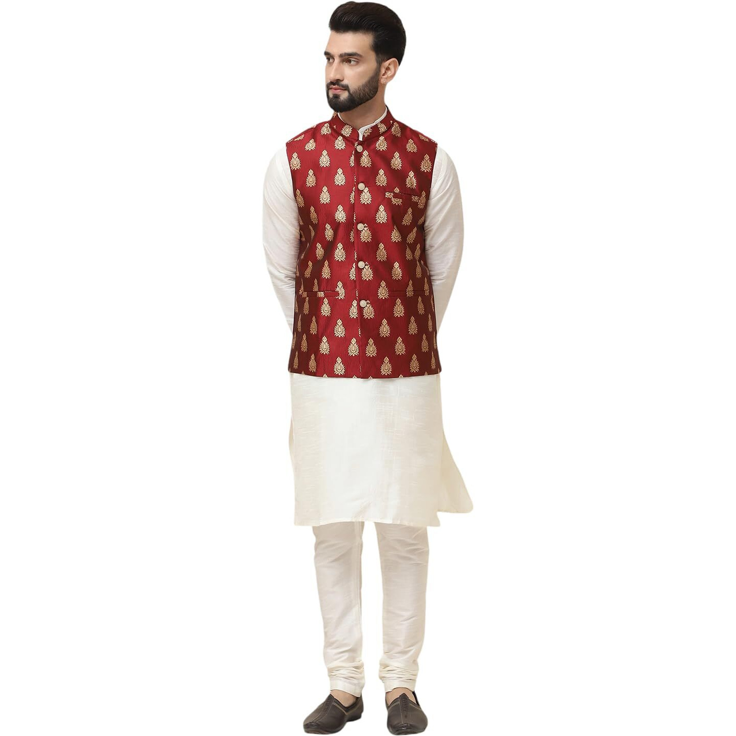 Sojanya (Since 1958 Men's Silk Blend Cream Kurta Pyjama With Maroon Nehrujacket Set