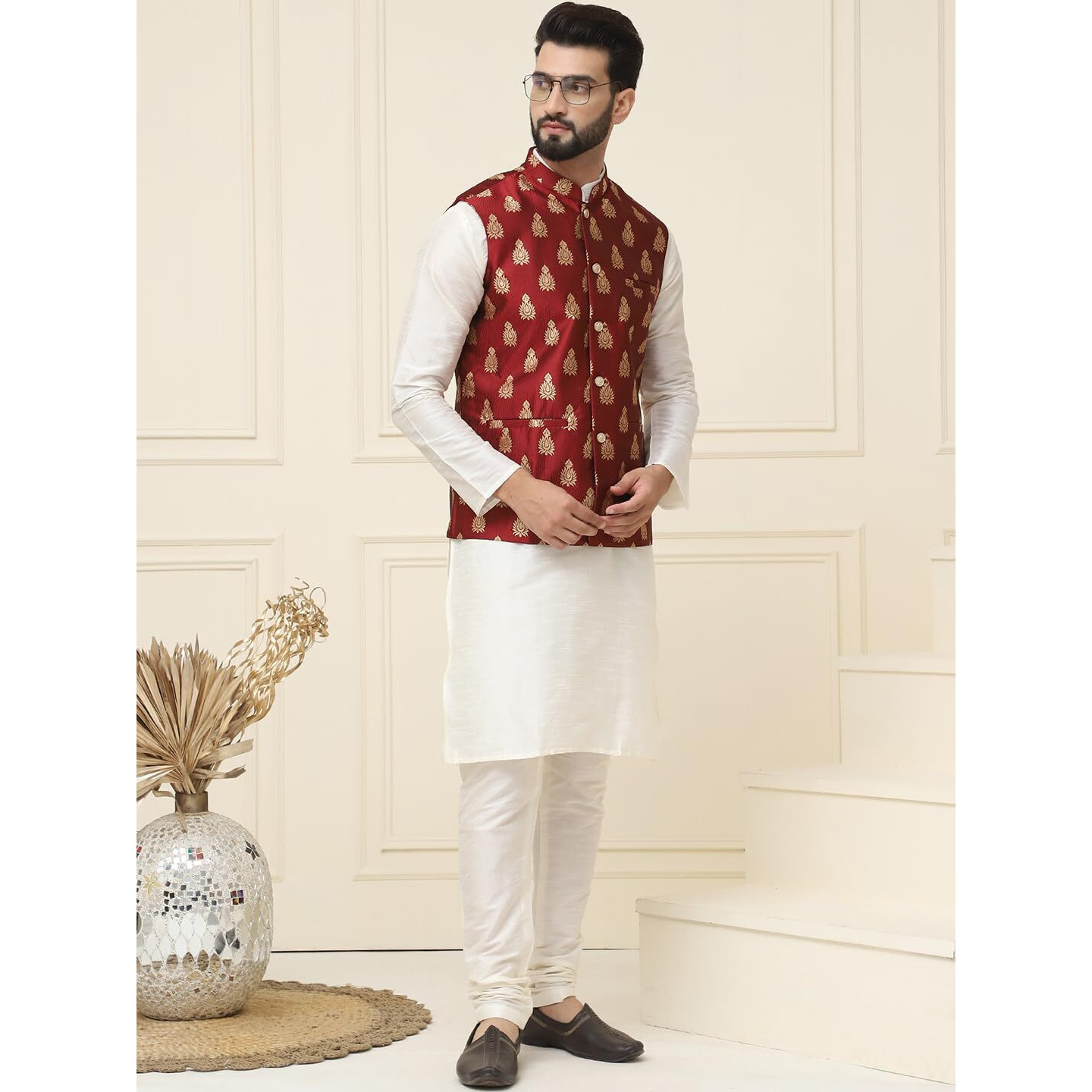 Sojanya (Since 1958 Men's Silk Blend Cream Kurta Pyjama With Maroon Nehrujacket Set