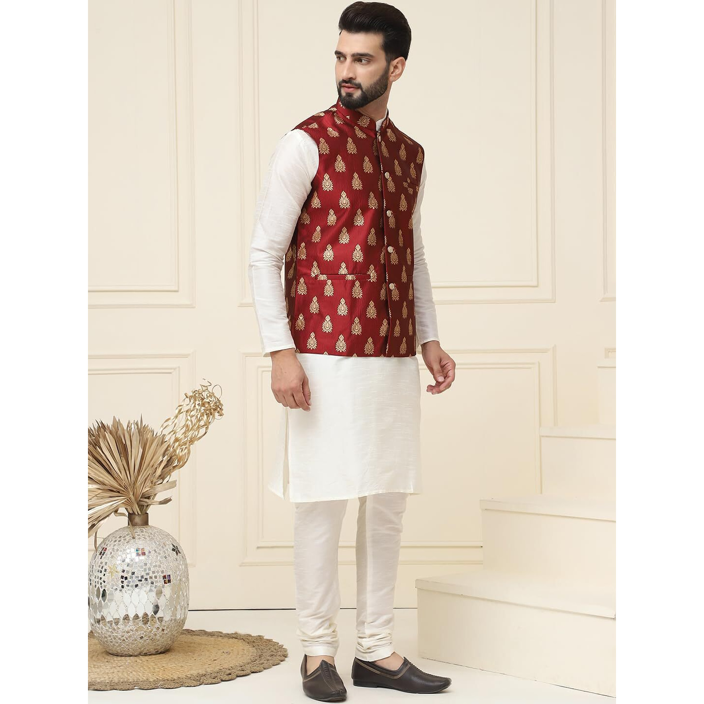 Sojanya (Since 1958 Men's Silk Blend Cream Kurta Pyjama With Maroon Nehrujacket Set