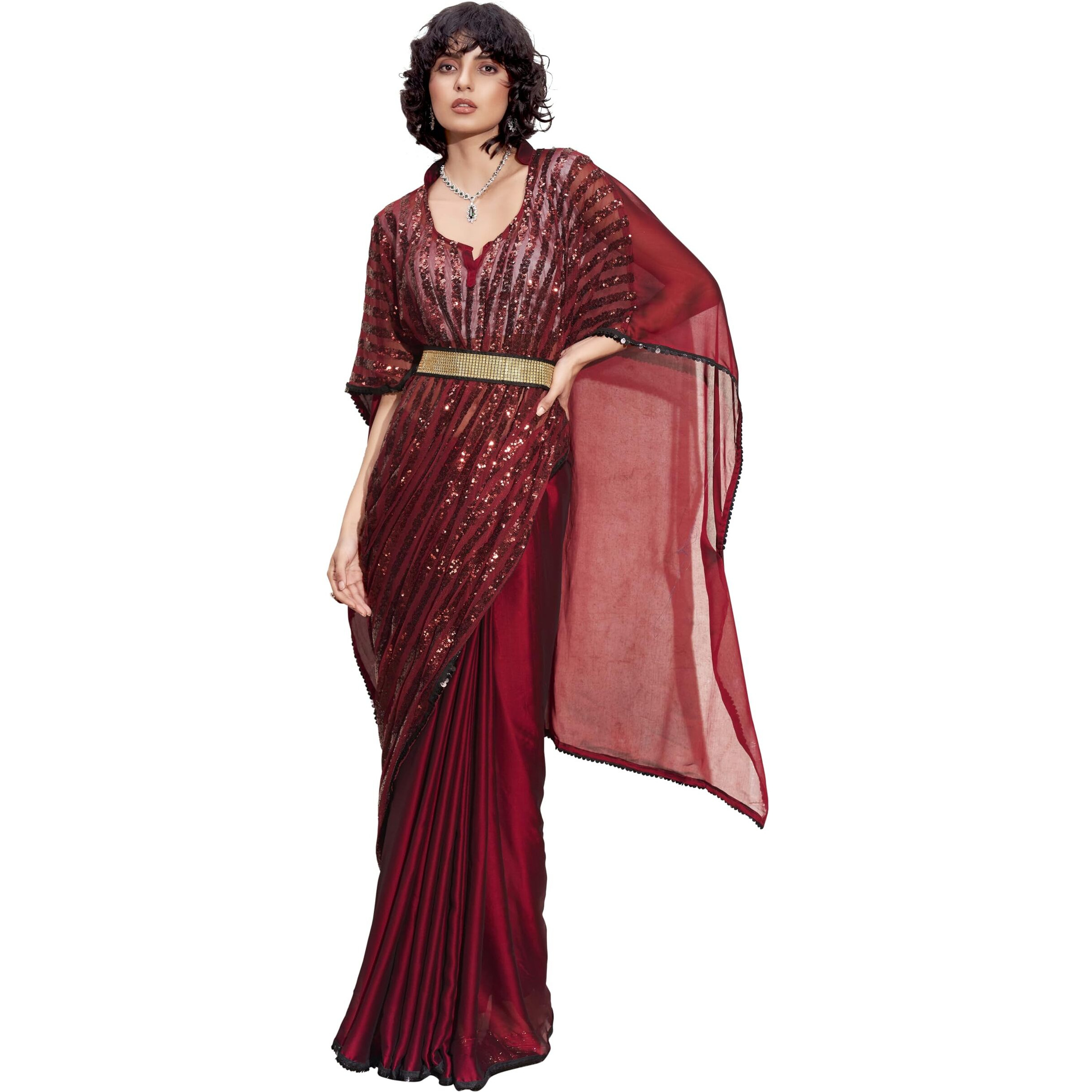 Womanista Women's Sequinns Embellished Crepe Kaftan Red Saree With Un-Stitched Blouse
