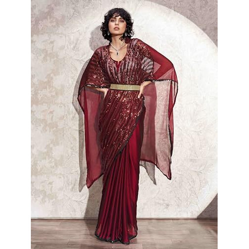 Womanista Women's Sequinns Embellished Crepe Kaftan Red Saree With Un-Stitched Blouse