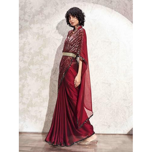 Womanista Women's Sequinns Embellished Crepe Kaftan Red Saree With Un-Stitched Blouse