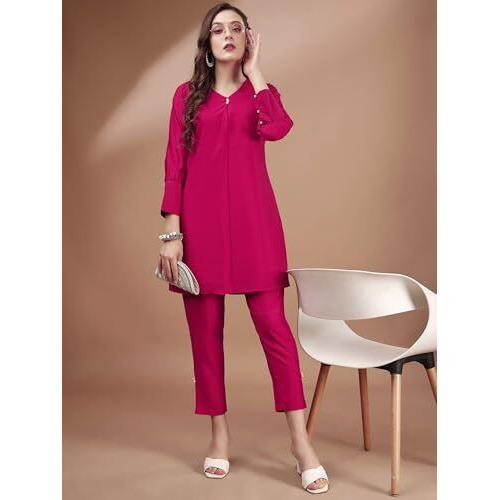 Womanista Blend Women's Crimson Pink Colour Chanderi Silk Fabric Tunic With Trouser Coord Set Ankle Length (Co-Ords_9027 2Xl)