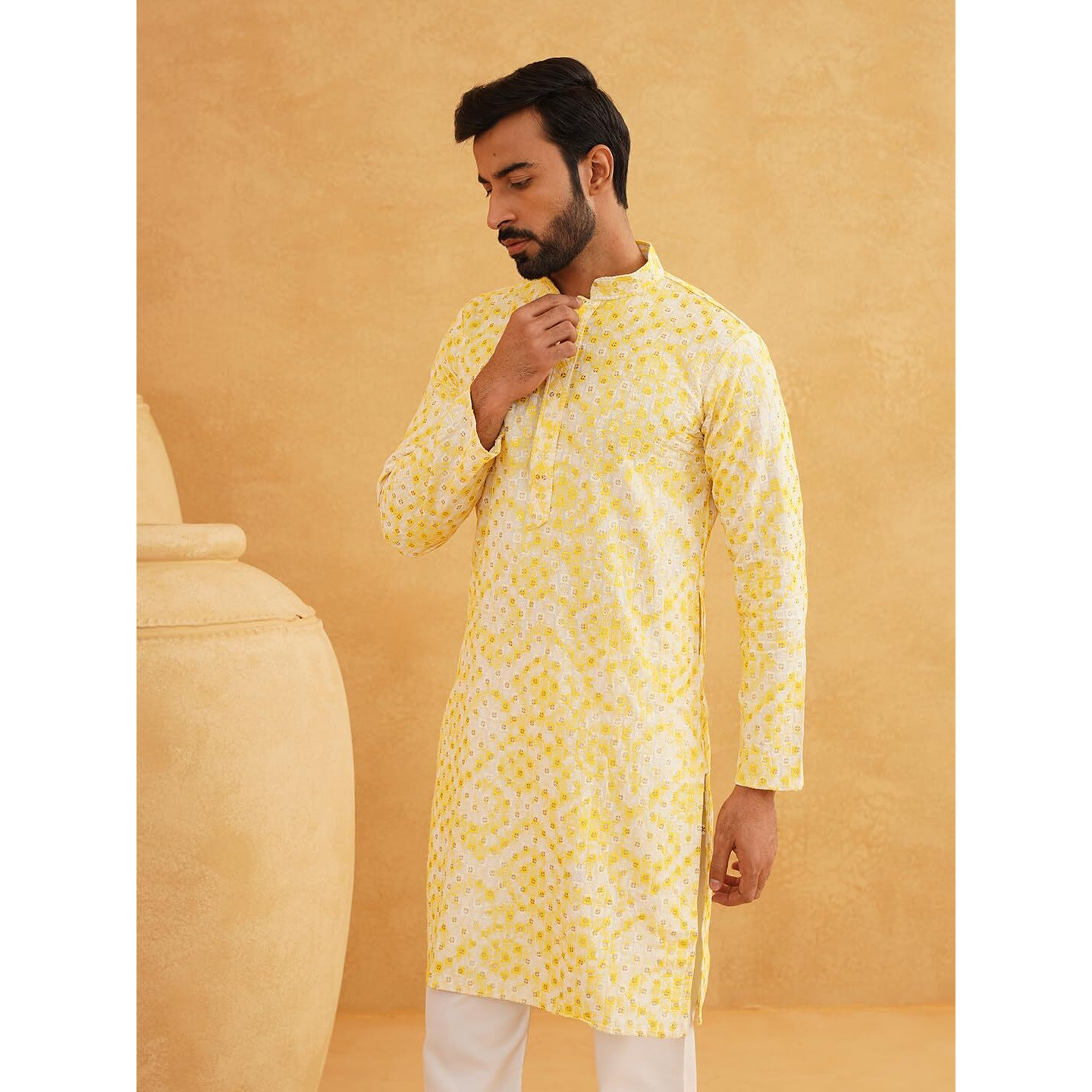 Sojanya (Since 1958 Men's Cotton Gold Sequinned Embroidered White & Yellow Long Kurta Size 42