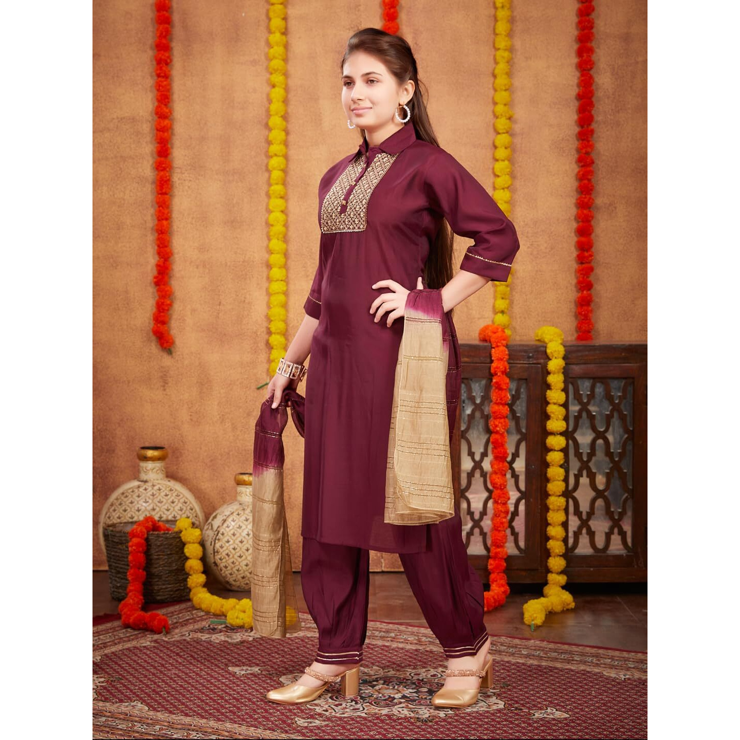 Aarika Girls Ethnic Wear Wine Colour Sequin Thread Embroidery With Gota Work Silk Kurti Patiala Set (9-16 Years)
