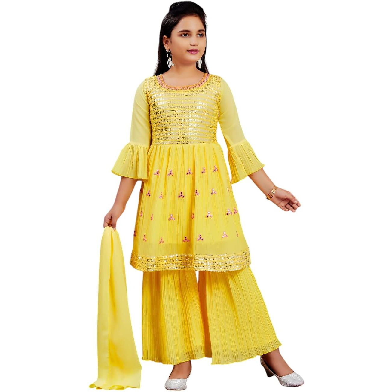 Aarika Girls Ethnic Wear Yellow Colour Sequins Embroidery Georgette Kurti Sharara Set (5-11 Years)