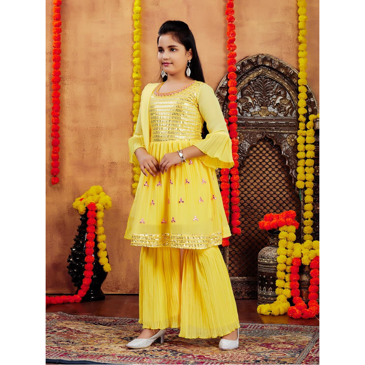 Aarika Girls Ethnic Wear Yellow Colour Sequins Embroidery Georgette Kurti Sharara Set (5-11 Years)