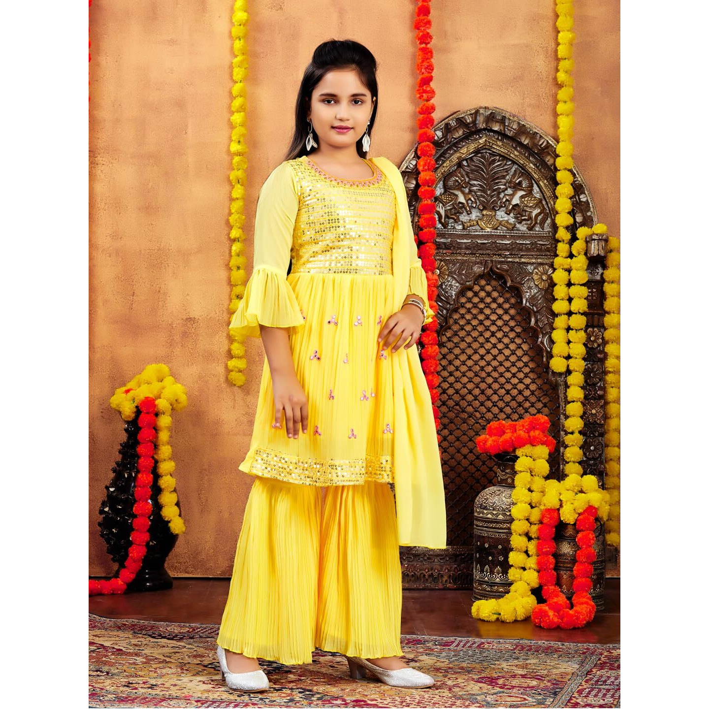 Aarika Girls Ethnic Wear Yellow Colour Sequins Embroidery Georgette Kurti Sharara Set (5-11 Years)