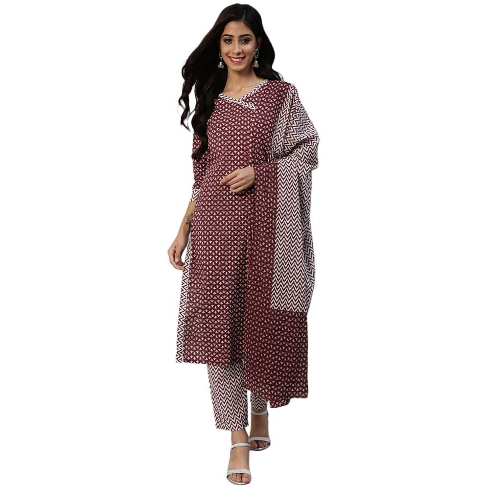 Anubhutee Women's Cotton Printed A-Line Kurta Suit Set With Dupatta & Pants Anu2111391_Xl_Maroon