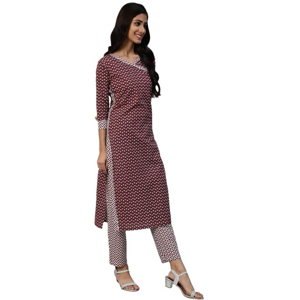 Anubhutee Women's Cotton Printed A-Line Kurta Suit Set With Dupatta & Pants Anu2111391_Xl_Maroon