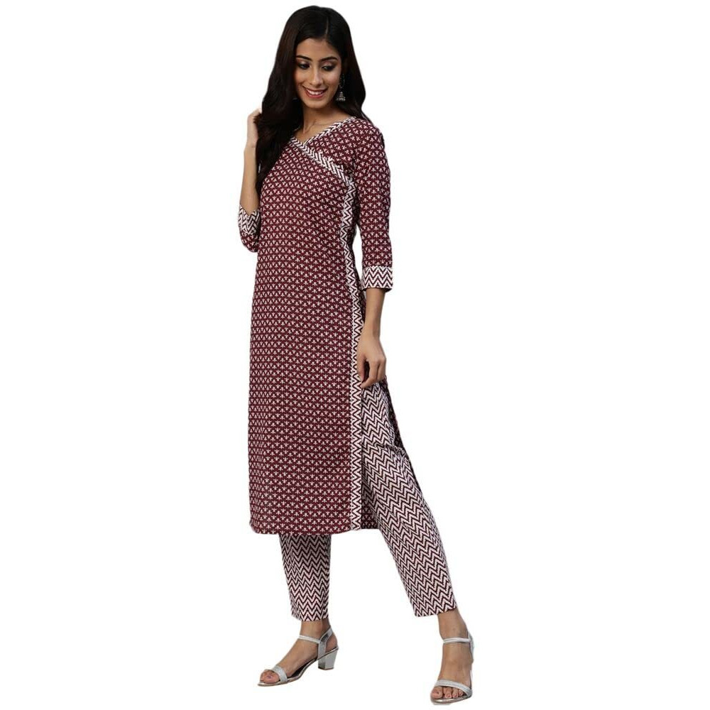 Anubhutee Women's Cotton Printed A-Line Kurta Suit Set With Dupatta & Pants Anu2111391_Xl_Maroon