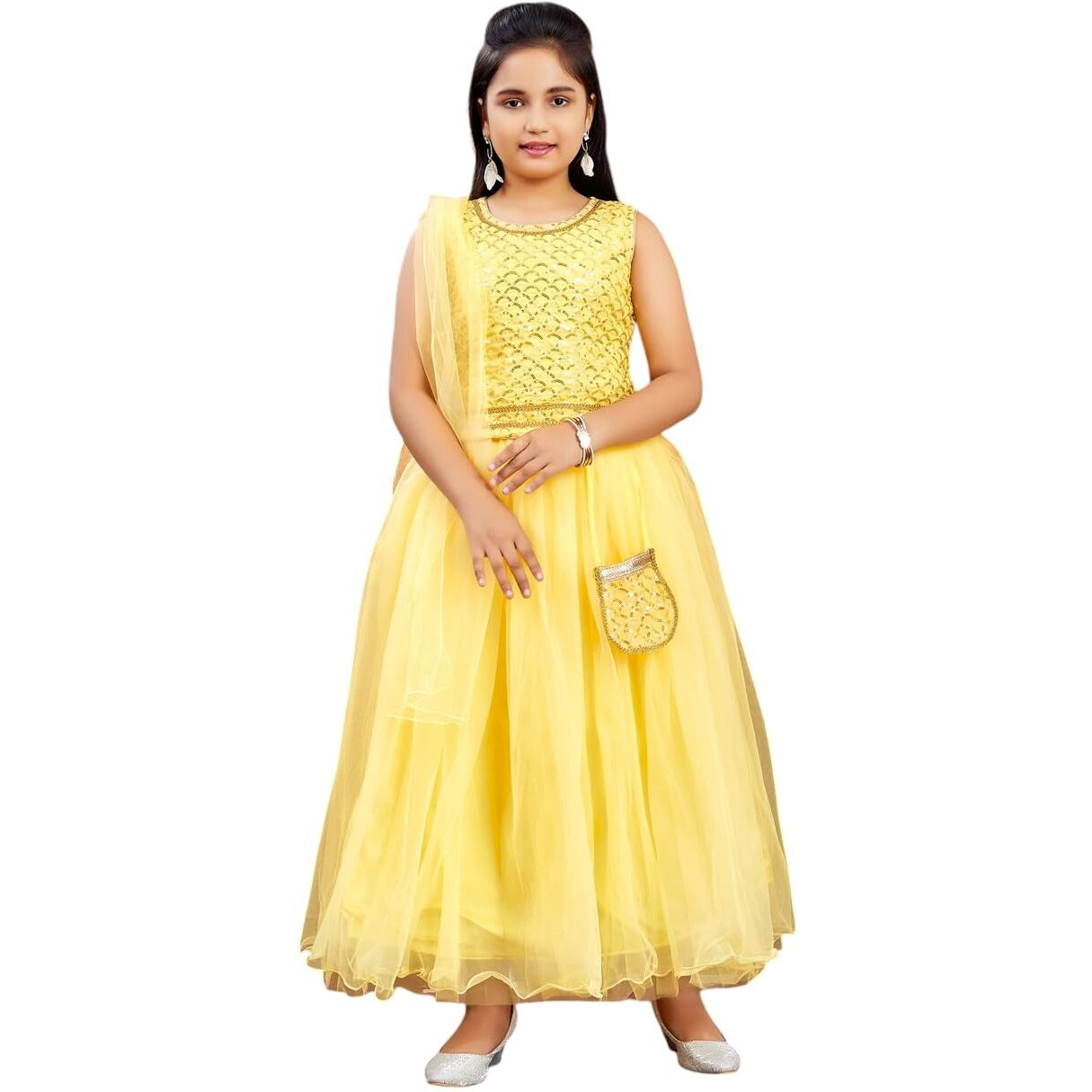 Aarika Girls Ethnic Wear Yellow Colour Sequin Embroidery Georgette Lehenga Choli Set Attached Bag (4-10 Years)