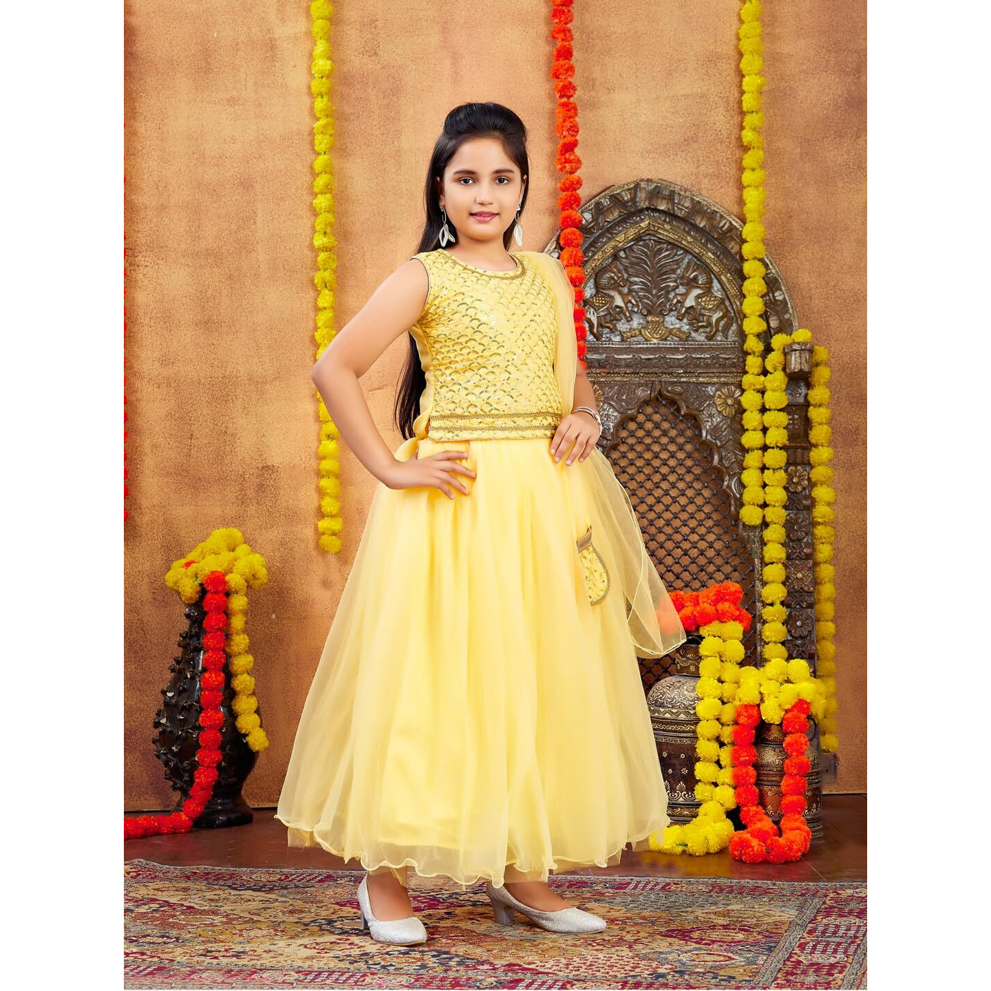 Aarika Girls Ethnic Wear Yellow Colour Sequin Embroidery Georgette Lehenga Choli Set Attached Bag (4-10 Years)