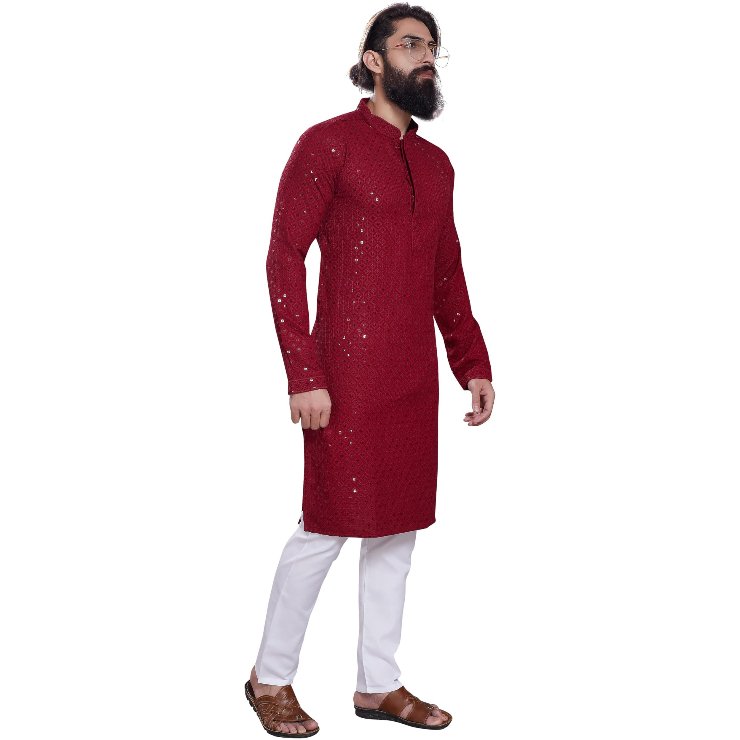 Divisive Men's Sequince Embroidered Cotton Blend Only Slim Fit Kurta (Dkrt227_Xl_Maroon)