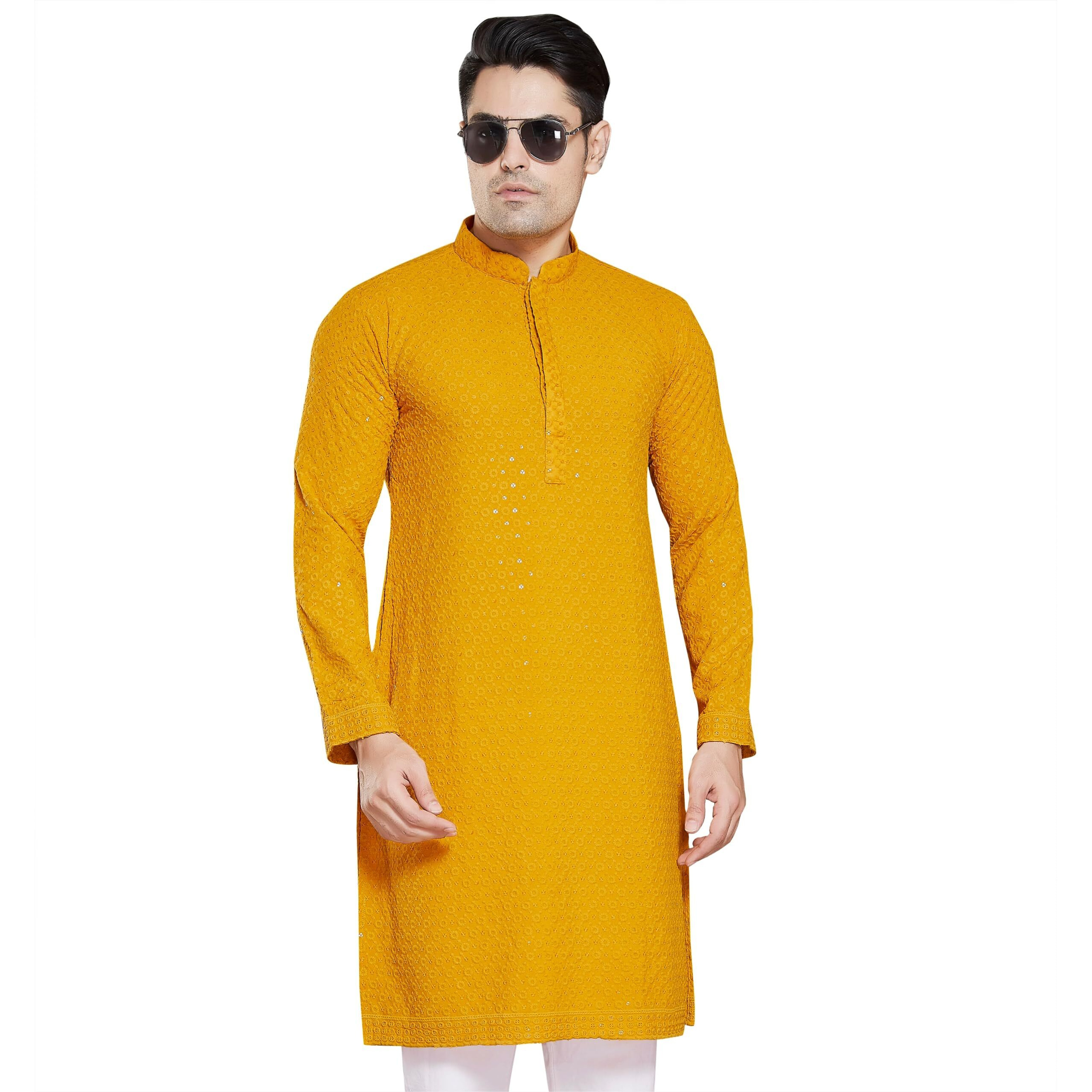 Divisive Men's Sequince Embroidered Cotton Blend Only Slim Fit Kurta (Dkrt11_5Xl_Mustard)