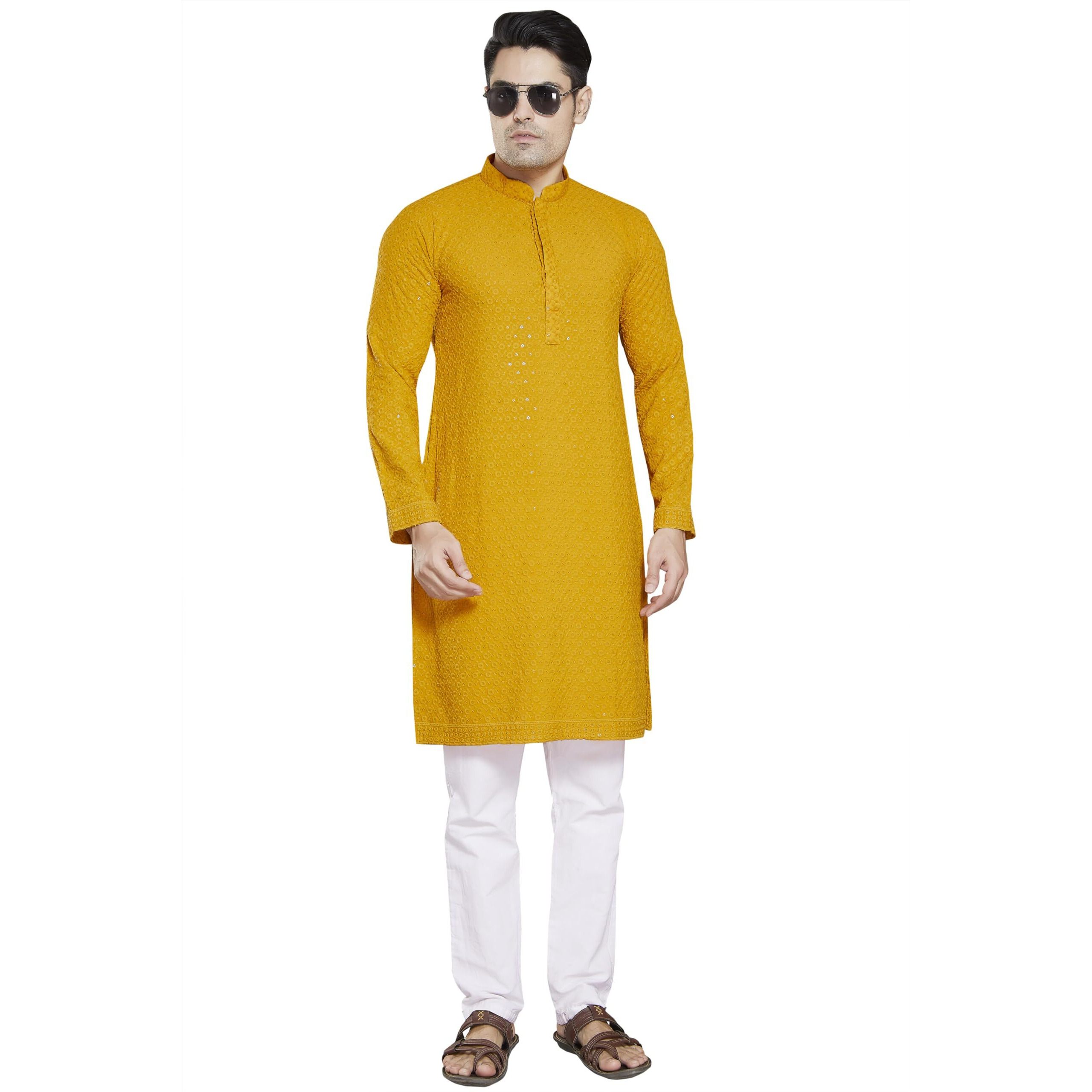 Divisive Men's Sequince Embroidered Cotton Blend Only Slim Fit Kurta (Dkrt11_5Xl_Mustard)