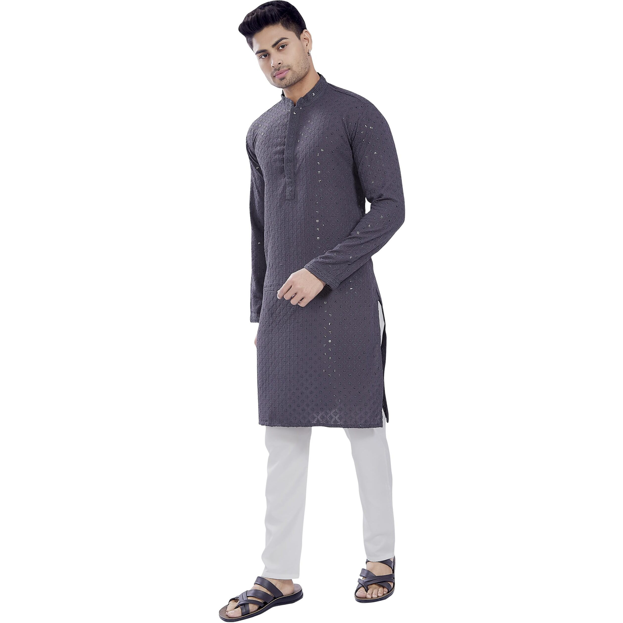 Divisive Men's Sequince Embroidered Cotton Blend Only Slim Fit Kurta (Dkrt677_Xxl_Grey)