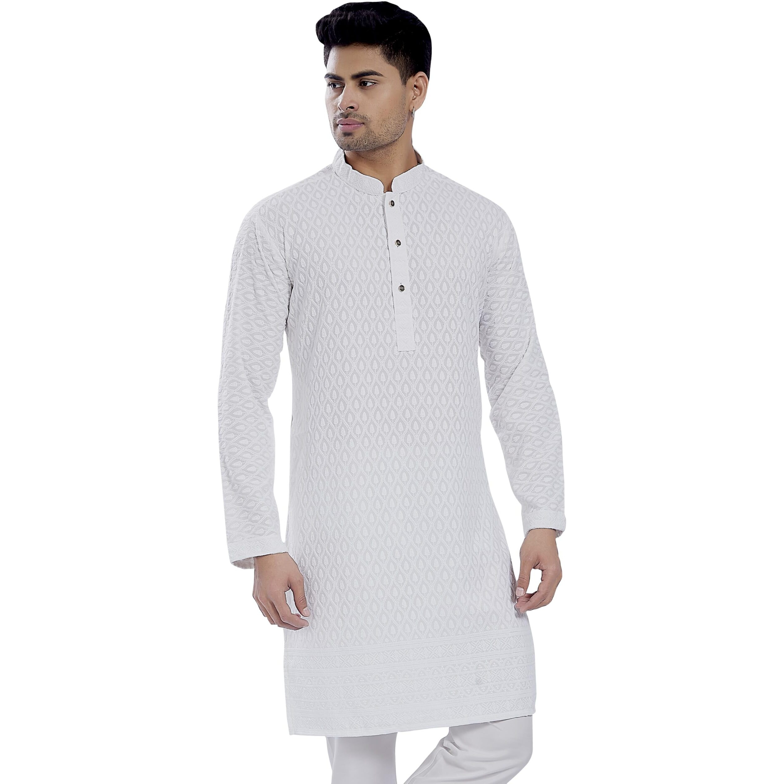 Divisive Men's Thread Embroidered Cotton Blend Only Slim Fit Kurta (Dkrt728_S_White)