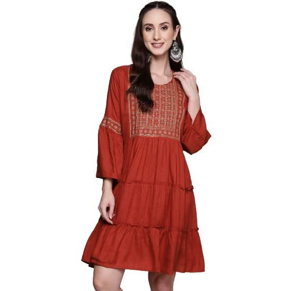 Anubhutee Women's Rayon Red Thread Work Embroidered A-Line Indo Western Dress
