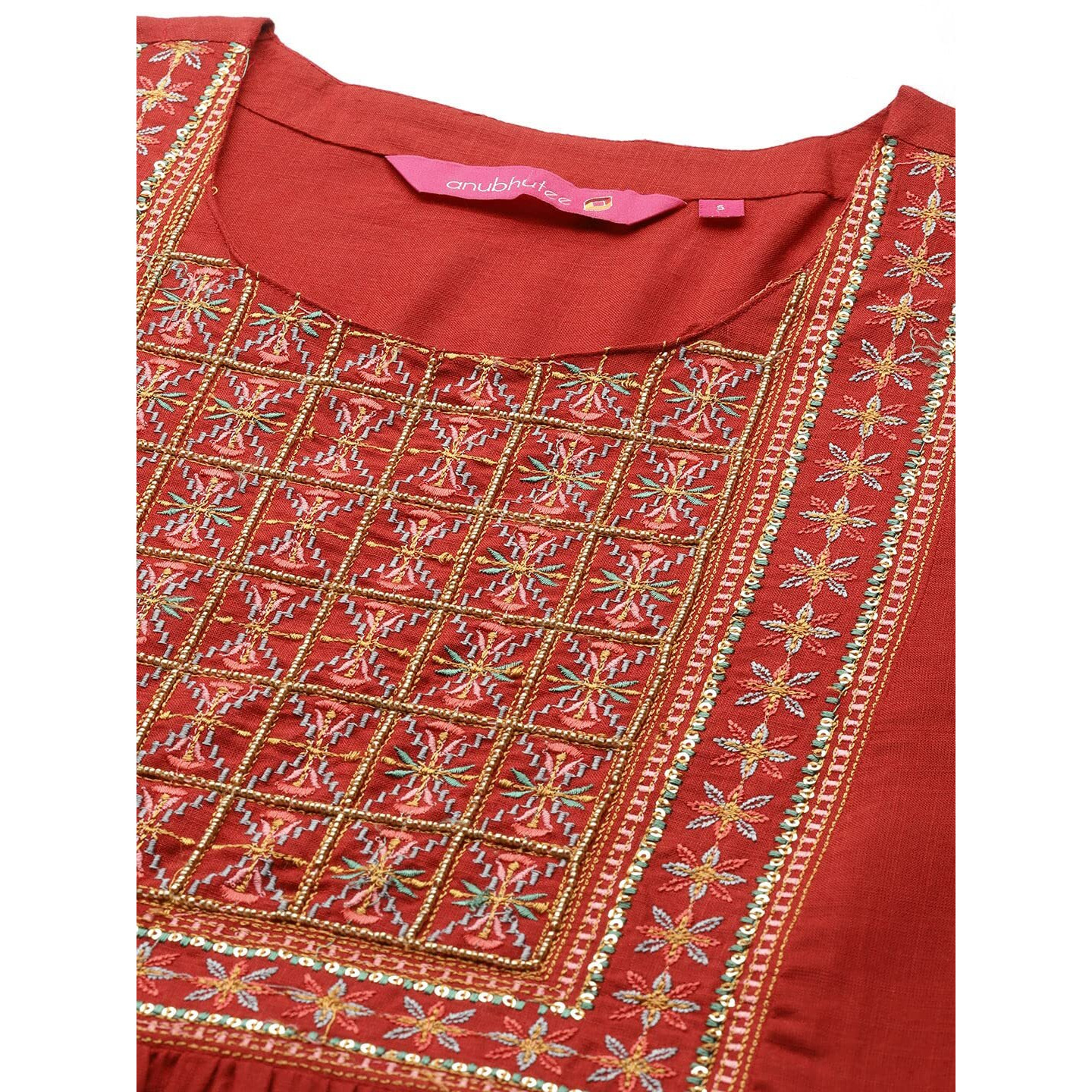 Anubhutee Women's Rayon Red Thread Work Embroidered A-Line Indo Western Dress