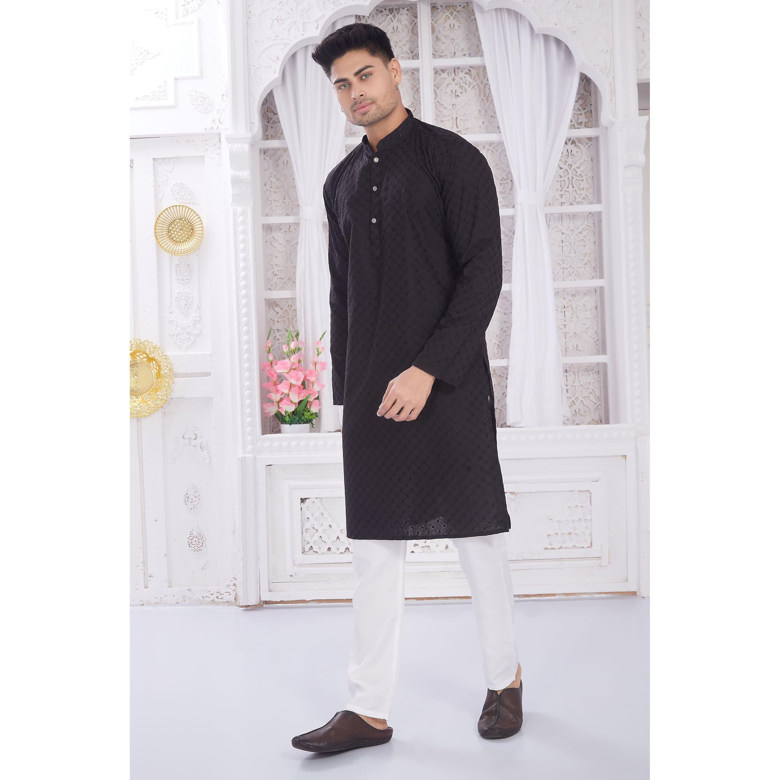 Divisive Men's Thread Embroidered Cotton Only Slim Fit Kurta (Dkrt635_M_Black)