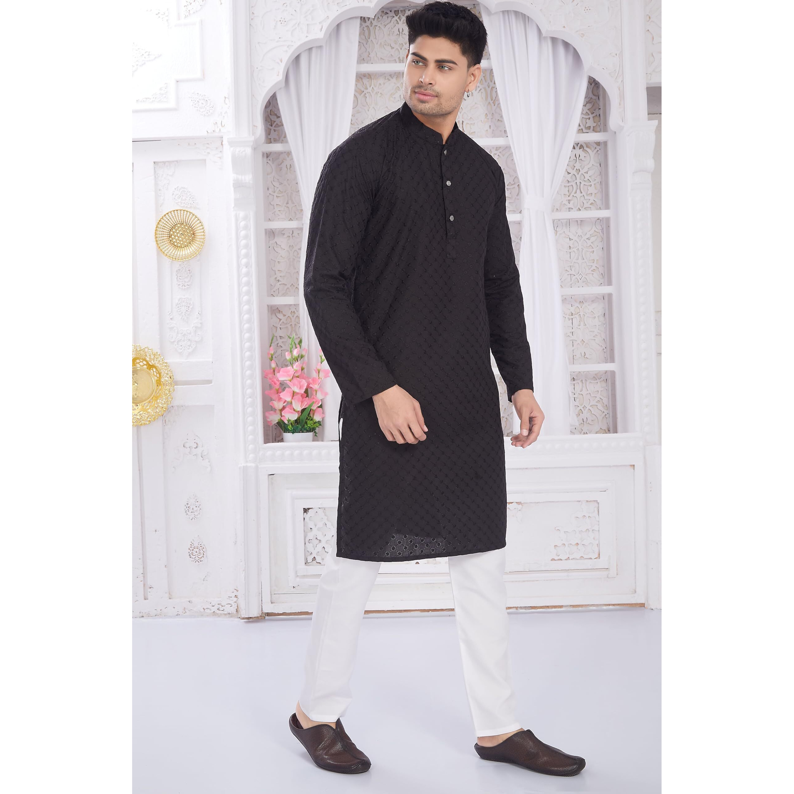 Divisive Men's Thread Embroidered Cotton Only Slim Fit Kurta (Dkrt635_M_Black)