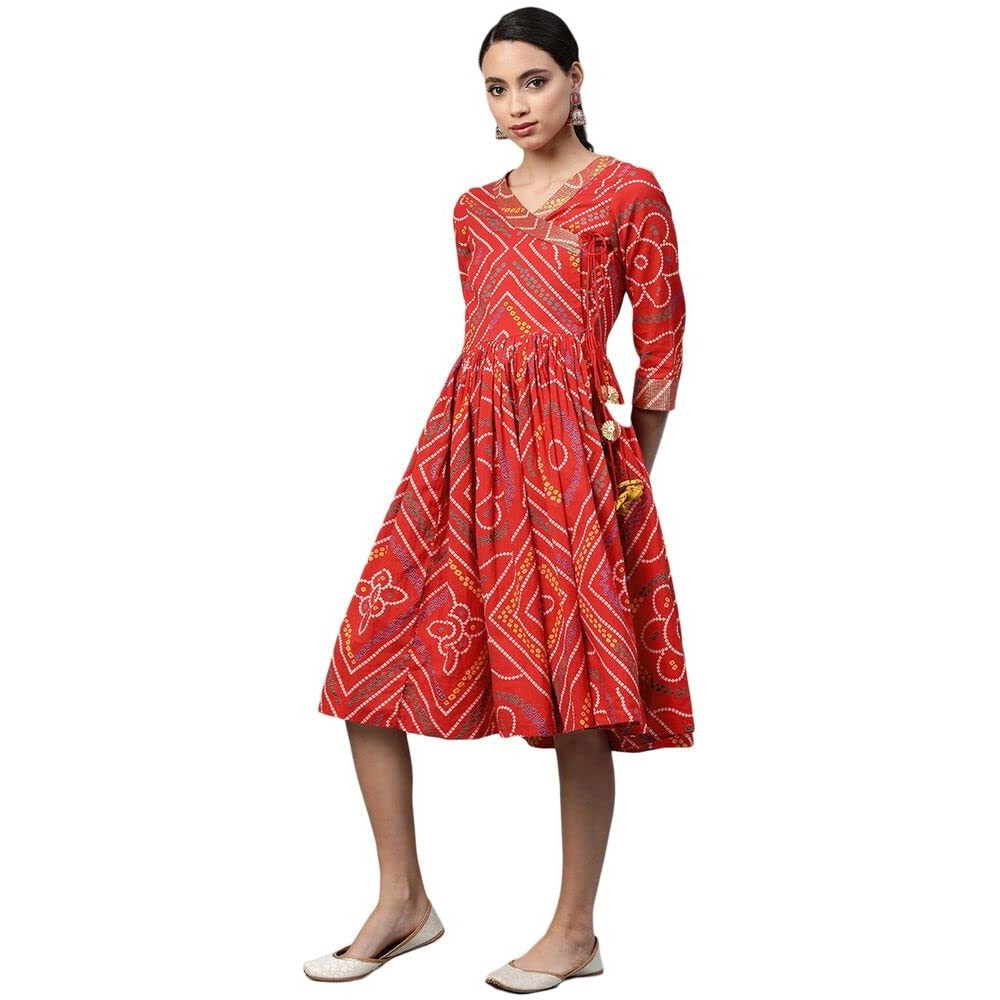 Anubhutee Women's Cotton Geometric Bandhani Printed A-Line Indo Western Dress Red