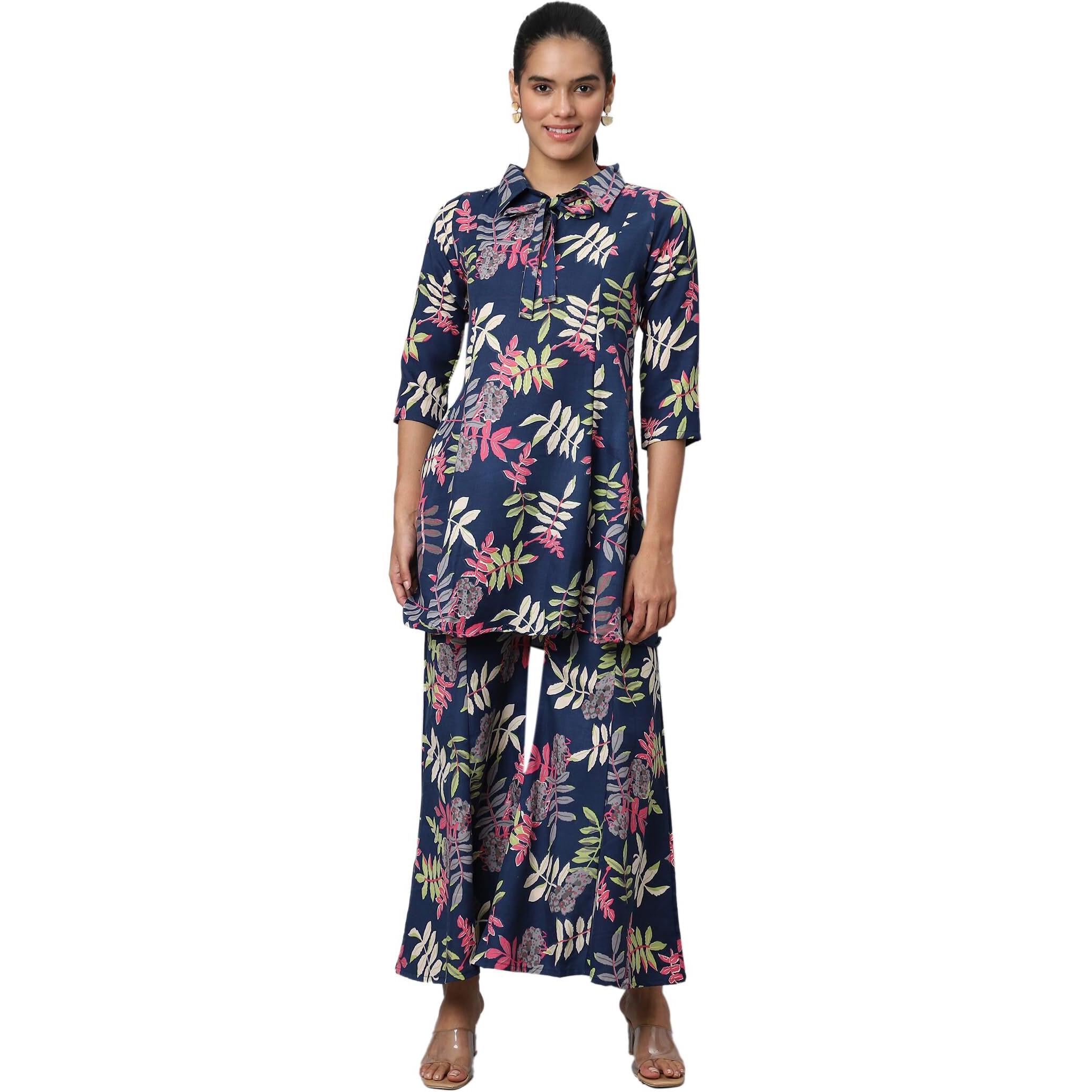 Avanova Soft Maslin Silk V Neck Co-Ords Set For Women's | Printed Shirt & Bottom Set For Women | Suit Set | Two Piece Dress (Co-Ods 84 N Blue S)