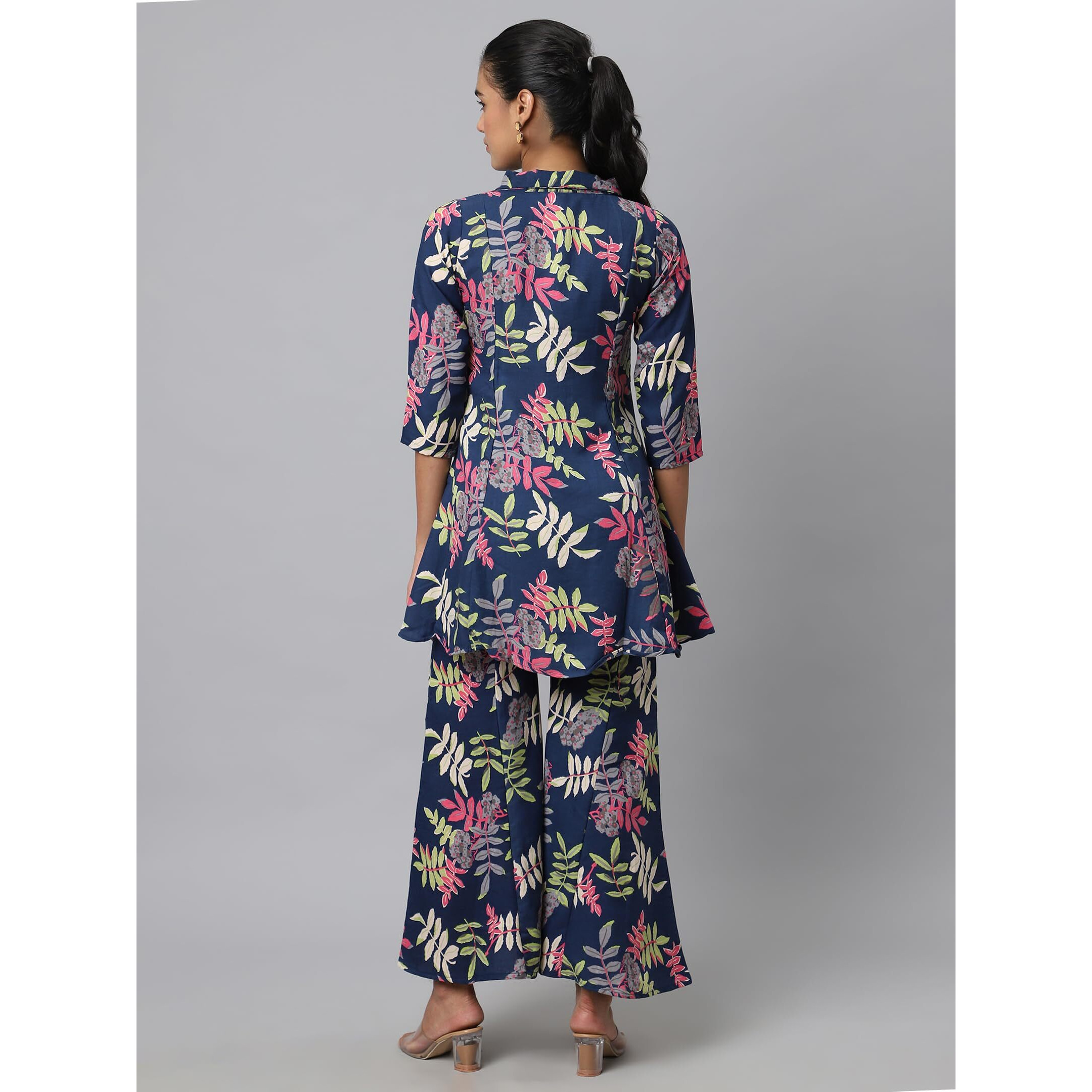 Avanova Soft Maslin Silk V Neck Co-Ords Set For Women's | Printed Shirt & Bottom Set For Women | Suit Set | Two Piece Dress (Co-Ods 84 N Blue S)