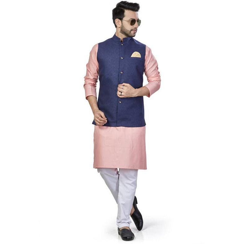 Be Active Men's Solid Linen Blend Kurta Pyjama 3 Piece Set || Men Kurta Pajama With Modi Jacket || Kurta Pajama Nehru Jacket For Men (N-Rfset0001-4-M)