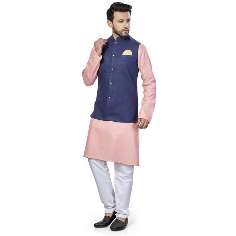 Be Active Men's Solid Linen Blend Kurta Pyjama 3 Piece Set || Men Kurta Pajama With Modi Jacket || Kurta Pajama Nehru Jacket For Men (N-Rfset0001-4-M)