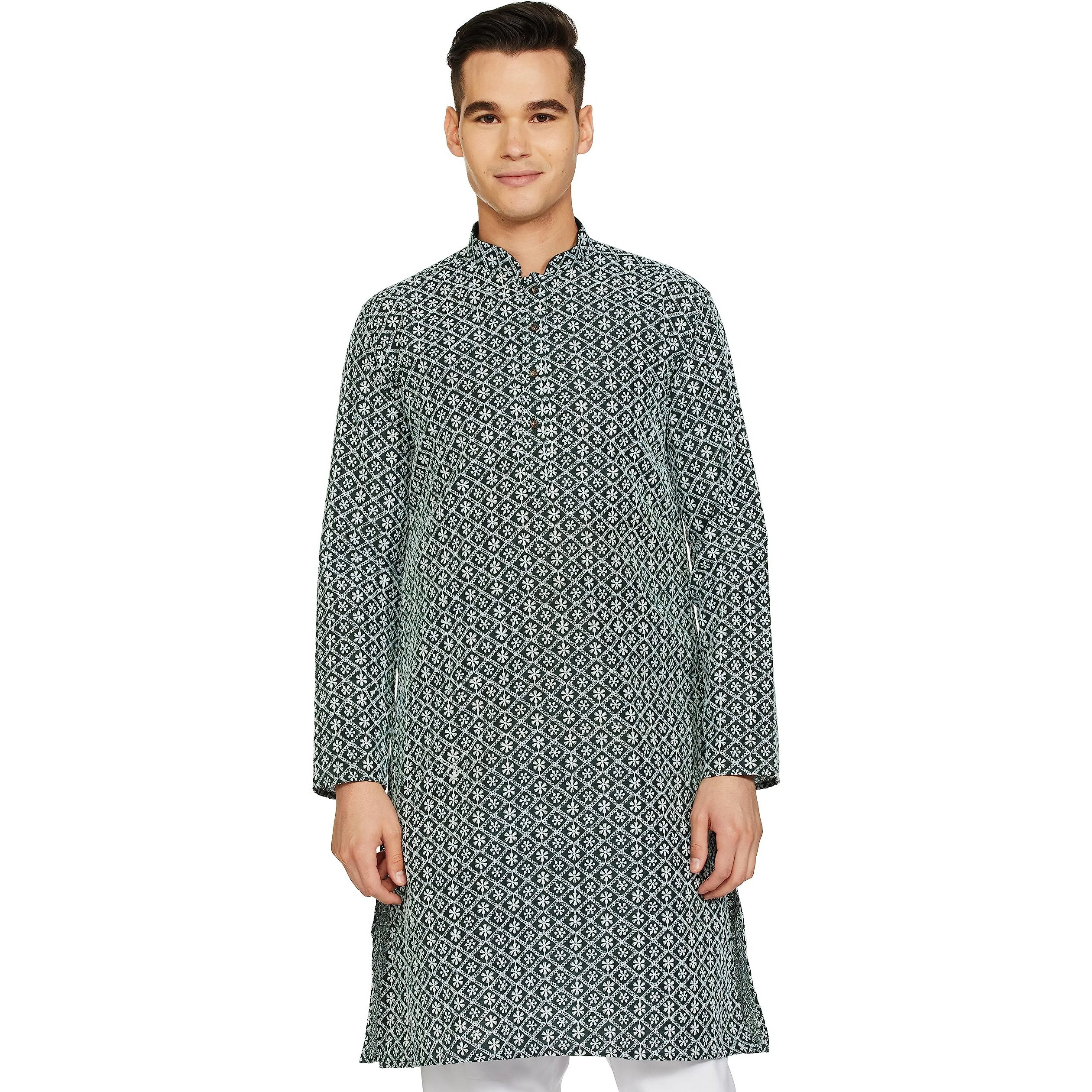 Be Active Men's Traditional Embroidered Lucknowi Full Sleeves Kurta || Cotton Kurta For Men || Men Kurta For Wedding || Kurta For Men (Rfsk0013-Kr 14 S) Mehndi Green