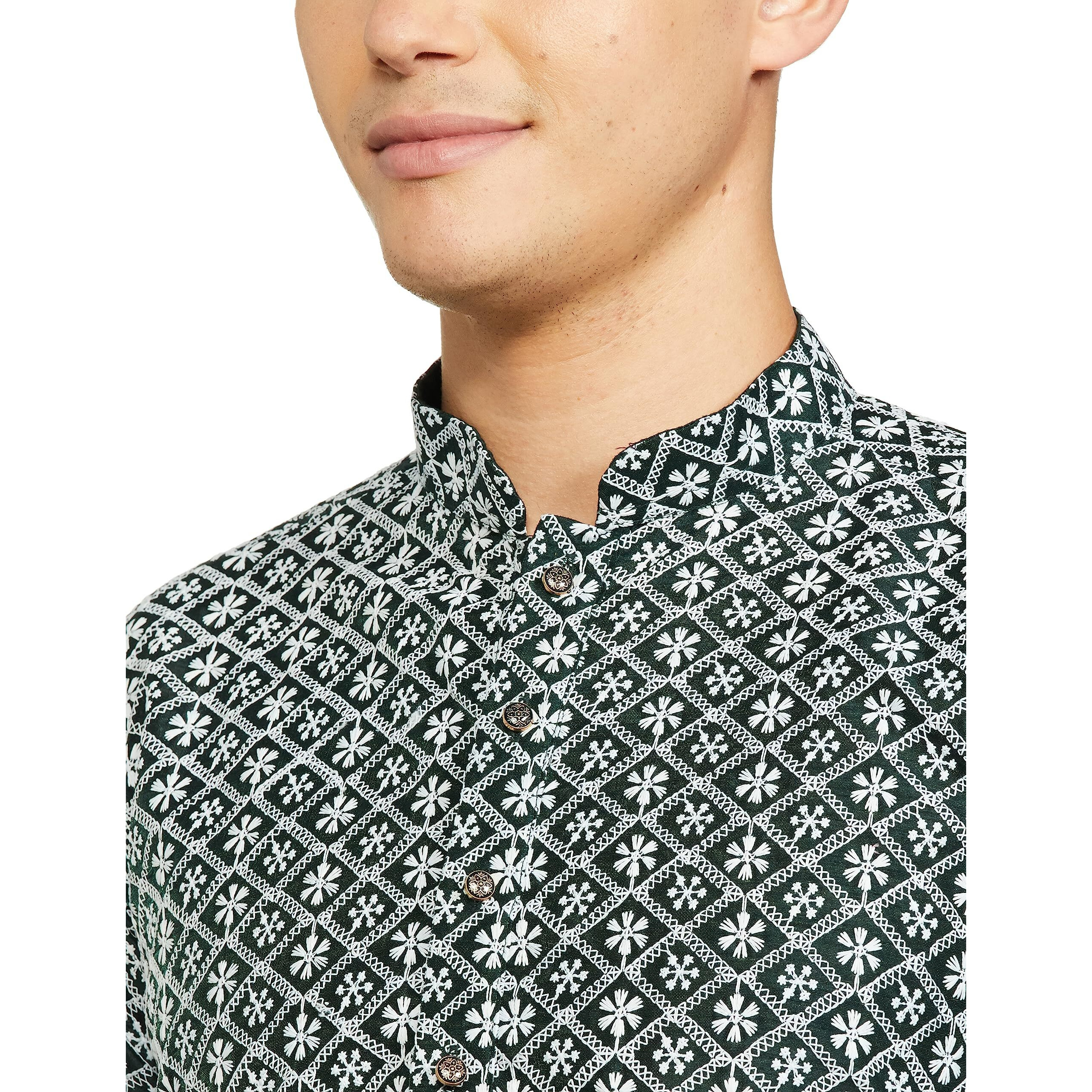 Be Active Men's Traditional Embroidered Lucknowi Full Sleeves Kurta || Cotton Kurta For Men || Men Kurta For Wedding || Kurta For Men (Rfsk0013-Kr 14 S) Mehndi Green